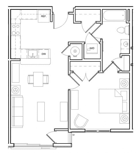 Floor plan for 1 bed, 1 bath, 648 sqft